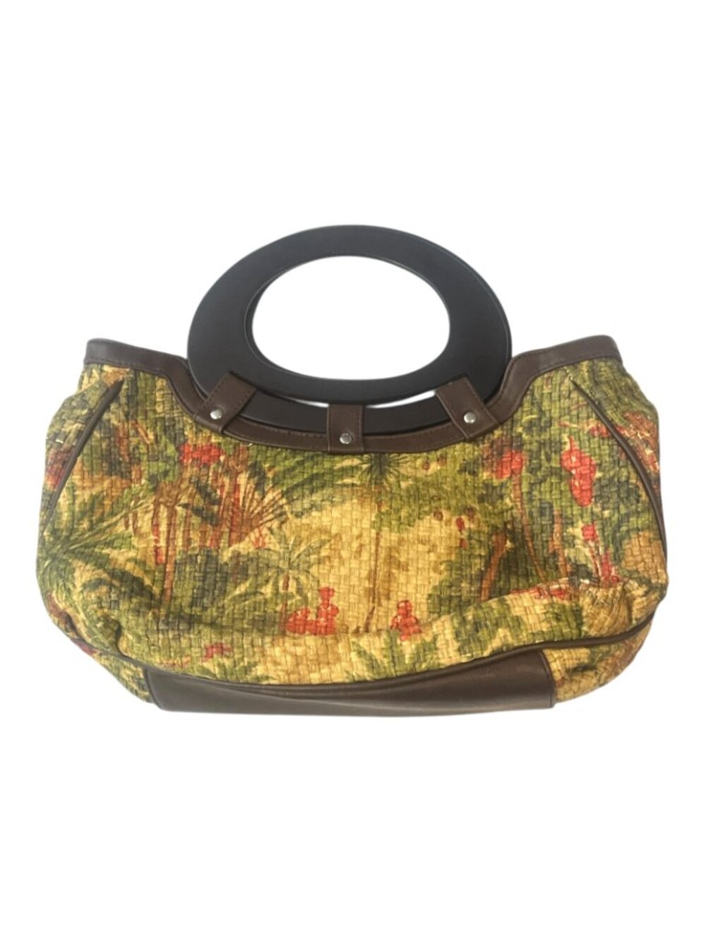 Boho Woven Straw Tote Bag w/ Wooden Handles Tropical Print 14x8 Vintage Purse - Picture 4 of 5